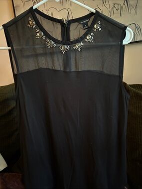 Ann Taylor Black Sleeveless Mesh Yoke Top with Jewel Embellishment